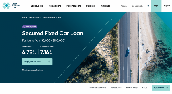 Great Southern Bank Secured Fixed Car Loan up to $100 000